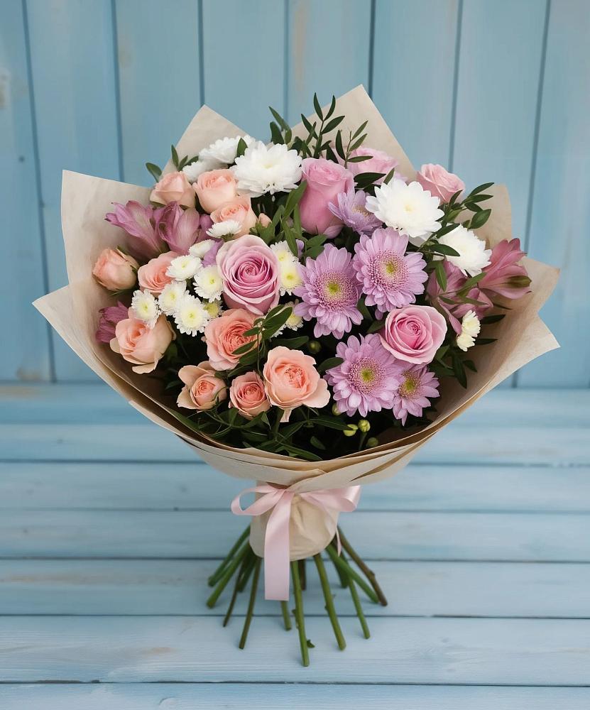 Букет цветов из: Хризантемы, Розы и Альстромерии в Середниково