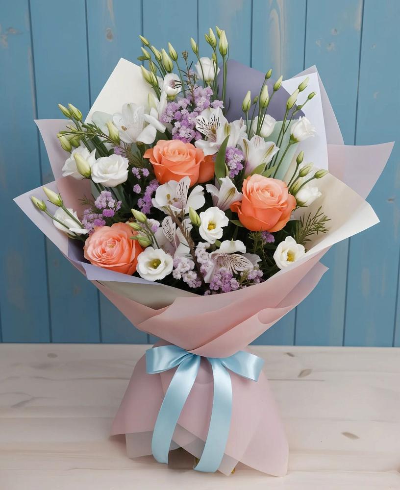 Букет цветов из: Лизиантусы, Розы, Альстромерии и Гипсофила в Середниково