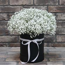 Цветочная композиция из Гипсофила в шляпной коробке в Середниково