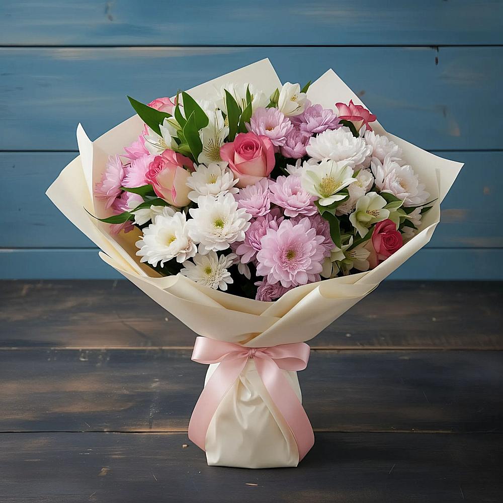 Букет цветов из: Хризантемы, Альстромерии и Розы в Середниково